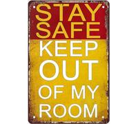 Plaque en métal vintage amusante « Stay Safe Keep Out Of My Room » - Décoration vintage pour homme, maison, garage, bureau - 20,3 x 30,5 cm