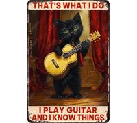 Plaque en métal vintage avec chat noir « C'est ce que je fais, je joue de la guitare et je sais des choses » Plaque en aluminium avec musique amusante pour maison, café, bar, pub, décoration murale, 2