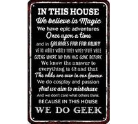 Plaque en métal vintage avec citation « In This House We Do Geek » - Décoration murale rétro - Décoration amusante pour la maison, la chambre à coucher, 20,3 x 30,5 cm