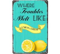 Plaque en métal vintage avec citations en forme de citron « Where Troubles Melt Like Lemon Drops » - Décoration murale pour maison, café, bar, cuisine - 30,5 x 20,3 cm