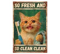 Plaque en métal vintage avec dents de brosse en forme de chat - Décoration murale - 15,2 x 20,3 cm