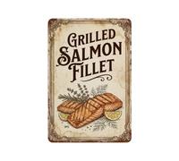Plaque en métal vintage avec filet de saumon grillé | Plaque murale de style vintage pour café, bar, bureau, maison, jardin, porte d'entrée, chambre à coucher et couloir 20,3 x