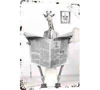 Plaque en métal vintage avec girafe, lecture, journal, humour, animal fantaisiste pour la maison, la salle de bains et les toilettes - 20,3 x 30,5 cm