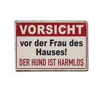 Plaque en métal vintage avec inscription « Beware of The Woman in The House ! The Dog Is Harmless » - Décoration murale rétro - 20,3 x 30,5 cm