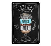 Plaque en métal vintage avec inscription « Caramel », crème, eau, chocolat, lait, café, verre, mélange, esquisse à rayures, courbe, ligne complète, pour cafés, bars, pubs, boutiques, décoration murale