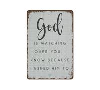 Plaque en métal vintage avec inscription « God is Watching Over You,I Know Because I Asked Him to » - Décoration murale vintage pour bar, pub, café, ferme, bureau - 30,5 x 40,6 cm