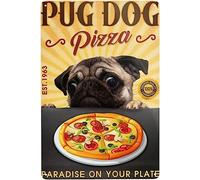 Plaque en métal vintage avec motif chien carlin, pizza, paradis sur votre assiette, bar, club, grotte, maison, cuisine, décoration murale rustique 30,5 x 20,3 cm