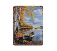 Plaque en métal vintage avec petit bateau sur la rive du lac - Décoration murale rétro pour pub, club, café, bar, maison - 30 x 40 cm