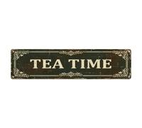 Plaque en métal vintage avec théière « Tea Time » | Plaque murale de style vintage pour café, bar, bureau, maison, jardin, porte d'entrée, chambre à coucher et couloir 10,2 x