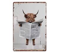 Plaque en métal vintage avec vache des Highlands, lecture de journaux, humour drôle, animal fantaisiste pour la maison, la salle de bain et les toilettes - 30,5 x 20,3 cm