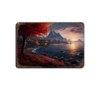 Plaque en métal vintage avec vue sur le lac - Paysage panoramique - Décoration murale rétro - 20 x 30 cm