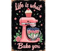 Plaque en métal vintage - Baking Life Is What You Bake It - Décoration murale pour la maison ou le bureau - Poster pour décoration spirituelle - Plaque en métal 20,3 x 30,5 cm