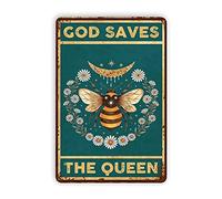 Plaque en métal vintage Bee God Saves The Queen pour extérieur, pub, jardin, terrasse, maison, cour, piscine, fermes, décoration murale amusante