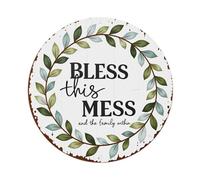Plaque en métal vintage « Bless This Mess And The Family Within » - Décoration murale pour bureau, salon, bar - 20,3 x 20,3 cm