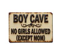 Plaque en métal vintage « Boy Cave No Girls Allowed Except Mom » - Décoration murale d'intérieur et d'extérieur - 20,3 x 30,5 cm