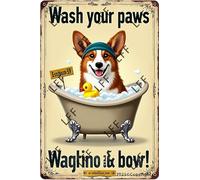 Plaque en métal vintage - Carlin dans la baignoire - Savon de bain établi « Wash Your Paws Corgi » - Décoration murale pour la maison ou le bureau - 20,3 x 30,5 cm