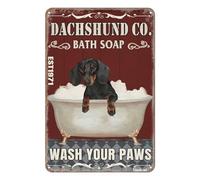 Plaque en métal vintage Dachshund Co. Bath Soap Wash Your Paws - Panneau amusant pour salle de bain, toilettes, salon, décoration murale 30,5 x 20,3 cm