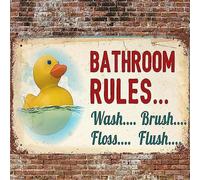 Plaque en métal vintage de 20,3 x 30,5 cm - Règles de salle de bain - Brosse de lavage - Décoration murale rétro - Canard de natation - Jaune canard - Affiche pour la maison, le salon, la chambre à