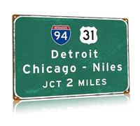 Plaque en métal vintage Detroit Chicago Interstate 94 Highway JCT 3,2 km Panneau directionnel Airport Street Road Sign Plaque 61 x 81,3 cm