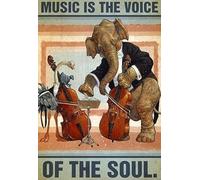 Plaque en métal vintage éléphant autruche violon inscription Music Is The Voice Of The Soul Art Poster Office Ferme People Cave Coffee Shop Club Garage Hotel Shops Salon Home Plaque amusante 20,3 x