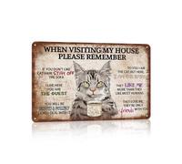 Plaque en métal vintage en forme de chat - Décoration murale rétro en aluminium - Inscription « When visiting my house please remember »