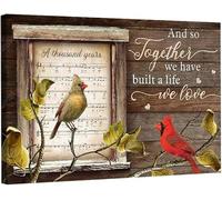 Plaque en métal vintage en forme de couple cardinal - Feuille de musique et So Together We Have Built A Life We Love - Décoration murale pour salon - 20,3 x 30,5 cm
