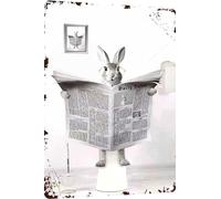 Plaque en métal vintage en forme de lapin, lecture de journal, humour drôle, animal fantaisiste pour la maison, la salle de bain et les toilettes, décoration murale 20,3 x 30,5 cm