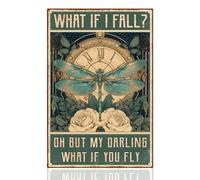 Plaque en métal vintage en forme de libellule « What If I Fall What If You Fly » - Décoration murale inspirante pour maison, bureau, café, bar, 20,3 x 30,5 cm