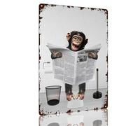 Plaque en métal vintage en forme de singe chimpanzé assis sur les toilettes et lisez le journal - Décoration murale amusante pour salle de bain, toilettes, bar, maison - 20,3 x 30,5 cm