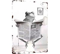 Plaque en métal vintage grenouille lecture journal humour animal fantaisie animal fantaisie pour la maison, la salle de bain et les toilettes, décoration murale 20,3 x 30,5 cm
