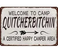 Plaque en métal vintage « Happy Camper Area Camping Athusiasts » « Welcome to Camp Quitcherbitchin » - Signalisation extérieure rustique pour camping-cars et campings - 30,5 x 20,3 cm
