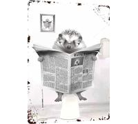 Plaque en métal vintage hérisson, toilettes, lecture, journal, humour, animal fantaisiste pour la maison, la salle de bain et les toilettes, décoration murale 15,2 x 20,3 cm