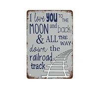 Plaque en métal vintage humoristique « Je t'aime jusqu'à la lune et retour et tout le chemin sur la voie ferrée » pour décoration de chambre de garçon, cadeau de train pour garçon, plaque en métal vin