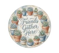 Plaque en métal vintage Inscription Friends Gather Here Succulents | Plaque murale ronde de style vintage de 20,3 x 20,3 cm pour café, club, bar, bureau, maison, jardin, porte d'entrée
