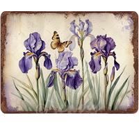 Plaque en métal vintage iris violet - 14 x 20 cm - Décoration murale de jardin rustique avec papillon, décoration florale de ferme française pour la maison, la cuisine, la terrasse ou comme cadeau