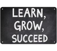 Plaque en métal vintage « LEARN. GROW. SUCCEED » - Décoration murale rétro pour maison, bureau, bar, cuisine, garage - 20,3 x 30,5 cm