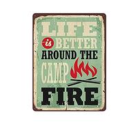 Plaque en métal vintage « Life Is Better Around The Camp Fire » - Décoration murale de cuisine de campagne - Décoration murale de maison de campagne - 40,6 x 30,5 cm