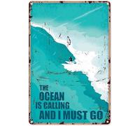 Plaque en métal vintage « L'océan m'appelle et je dois y aller », décoration murale de plage, affiche de surfeuse, affiche de surf, décoration murale de surf, panneau d'art mural rétro amusant 20,3 x