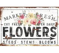 Plaque en métal vintage « Market Fresh Flowers » - Pour jardin, cour, café, bar, maison, cuisine, campagne - Décoration murale nostalgique - 20,3 x 30,5 cm
