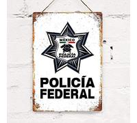 Plaque en métal vintage Mexico Police Policia Federal Sicario 20,3 x 30,5 cm