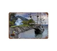 Plaque en métal vintage,Paysage minable de bateau pirate au bord de la mer,garage, grotte de jardin, décoration murale pour maison, cuisine, bar, club-20 x 30 cm (8 x 12 inch) K64