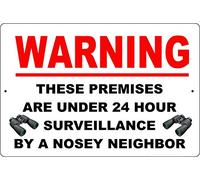 Plaque en métal vintage rétro avec inscription « Warning This Premises is Under 24 Hour Surveillance by Nosy Neighbor Home Bar Club Hotel & Outdoor Street Garage » 30,5 x 20,3 cm