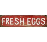 Plaque en métal vintage rétro Fresh Eggs - 10,2 x 40,6 cm - Décoration murale rustique rouge et vieilli - Parfait pour cuisine, porche ou chambre à coucher - Cadeau de vacances unique