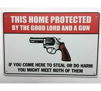 Plaque en métal vintage rétro « No Trespassing Warning Protected by The Lord and This Gun Street » pour garage et maison, bar, club, cuisine, hôtel - 30,5 x 20,3 cm