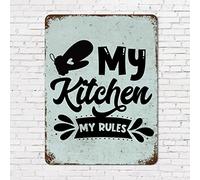 Plaque en métal vintage rouille de 30,5 x 40,6 cm avec citation de famille sur le thème de la cuisine My Kitchen My Rules Verse de la Bible en aluminium rustique pour maison, table, armoires