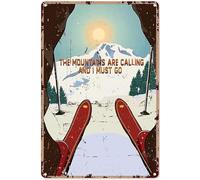 Plaque en métal vintage « The Mountains are Calling Ski » - Plaque décorative en aluminium - Décoration murale rustique - 20,3 x 30,5 cm