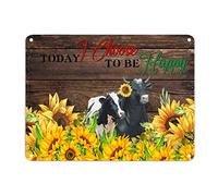 Plaque en métal vintage « Today I Choose to Be Happy » - Motif vache de campagne et tournesol - 30,5 x 40,6 cm - Résistante à la décoloration - Décoration murale pour maison, bar, pub, garage, grotte