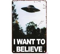 Plaque en métal vintage UFO avec inscription « I Want To Believe » - Décoration d'intérieur rustique en aluminium - Affiche en métal pour garage et grotte - 20,3 x 30,5 cm