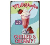 Plaque en métal vintage vintage avec motif fraise milkshake pour restaurant, dessert, boutique, décoration murale 20,3 x 30,5 cm