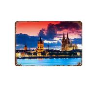 Plaque en métal vintage,Vue nocturne de la cathédrale de Cologne,Vintage Art Sign Home Kitchen Bar Cafe Club Cave Décoration Tin Sign-15 x 30 cm （6 x12 inch）E-33